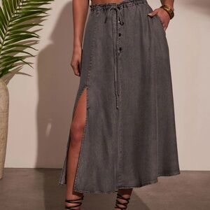 Vici Slate Gray Maxi Skirt with Slit and Buttons